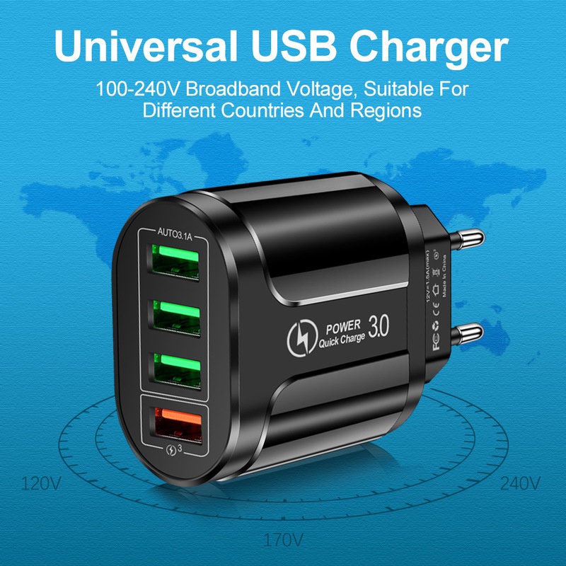 Adapter Charger Dinding 4 Port USB QC 3.0 Fast Charging Plug EU / US Portable Untuk Android / Travel