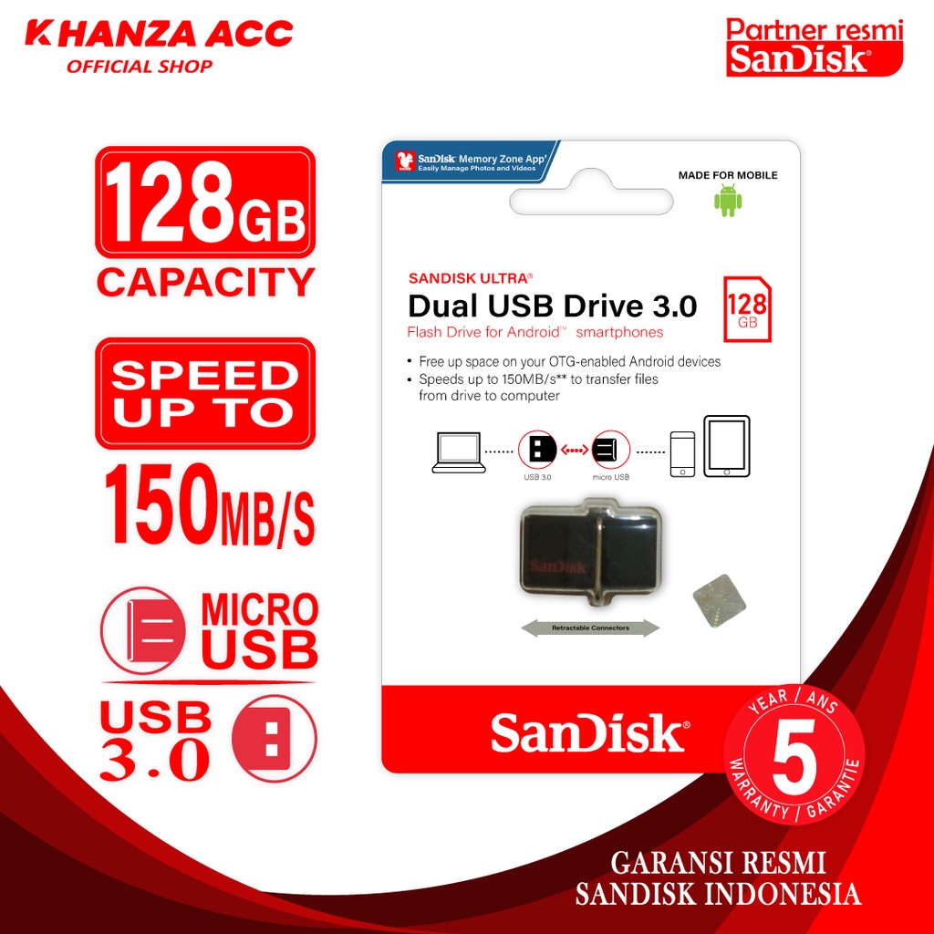 KHANZAACC SANDISK Dual Drive Flashdisk OTG Micro 16GB 32GB 64GB 128GB 256GB SDDD2 ORI