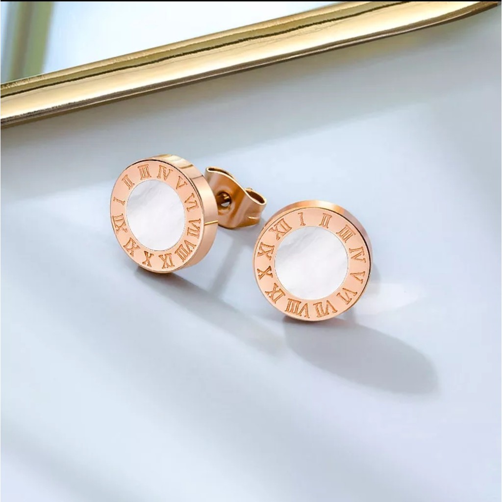 Anting Titanium B*lgr White Shell Rose Gold dan Gold