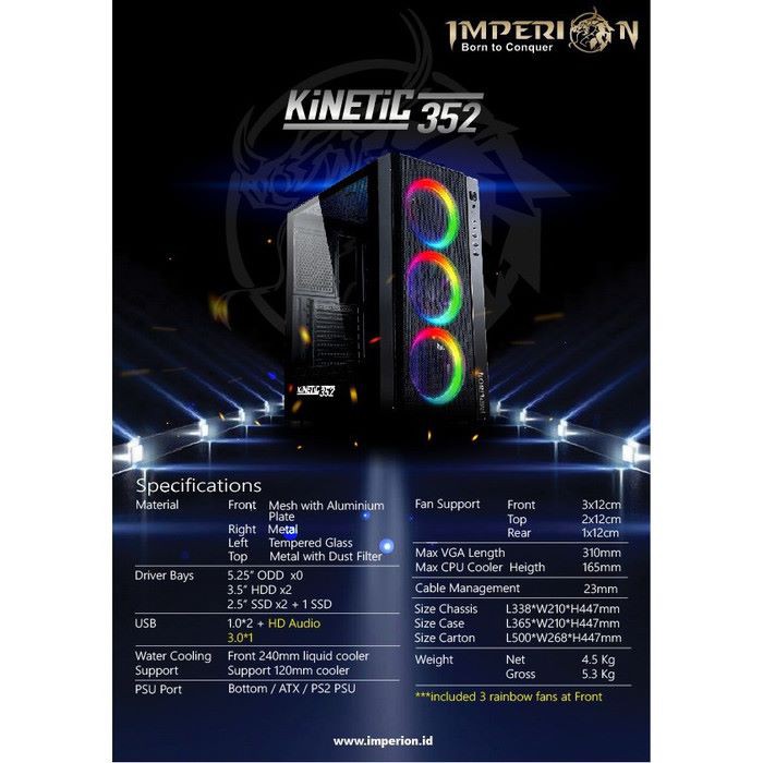 Pc case gaming imperion ATX ITX tempered glass with dust filter free 3 fan 12cm Kinetic 352 - Casing komputer