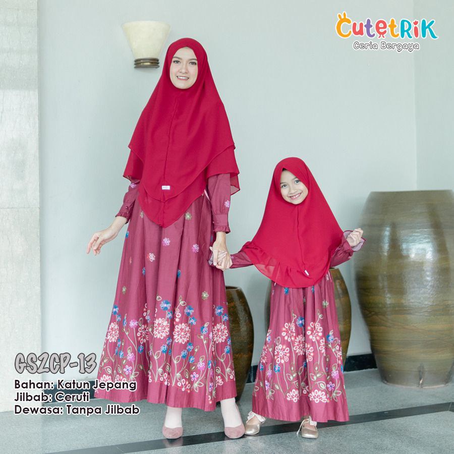 GSCP 13 Baju Muslim Gamis Couple Cutetrik Mom & Kids Maroon