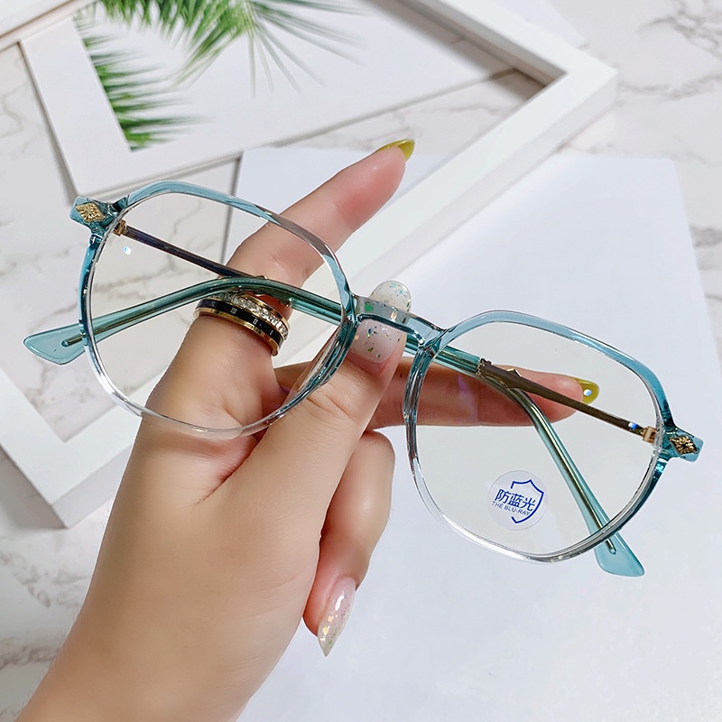 （YUZHU）COD New Fashion Transparan Oversized Frame Kacamata TR90 Kuil Logam Poligonal Kacamata Anti Cahaya Biru