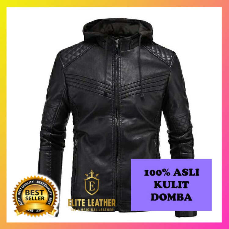 jaket kulit pria domba asli kualitas super model kupluk EL136