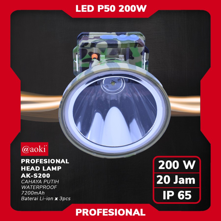 COD SENTER KEPALA PROFESSIONAL HEADLAMP 200 WATT AOKI AK-S200 CAHAYA PUTIH WATERPROOF 7200mAh IP-65