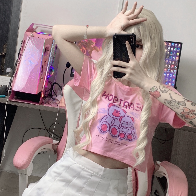 [littlecrab] Kaos Crop Wanita Beruang Bearison Crop Top Lucu Biru Pink Korean Style