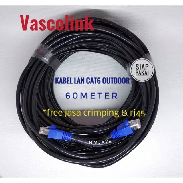 Kabel Lan Outdoor 60 Meter FTP CAT6 Siap Pakai sudah dicrimping rj45 besi dan plugbooth Vascolink Warna Hitam