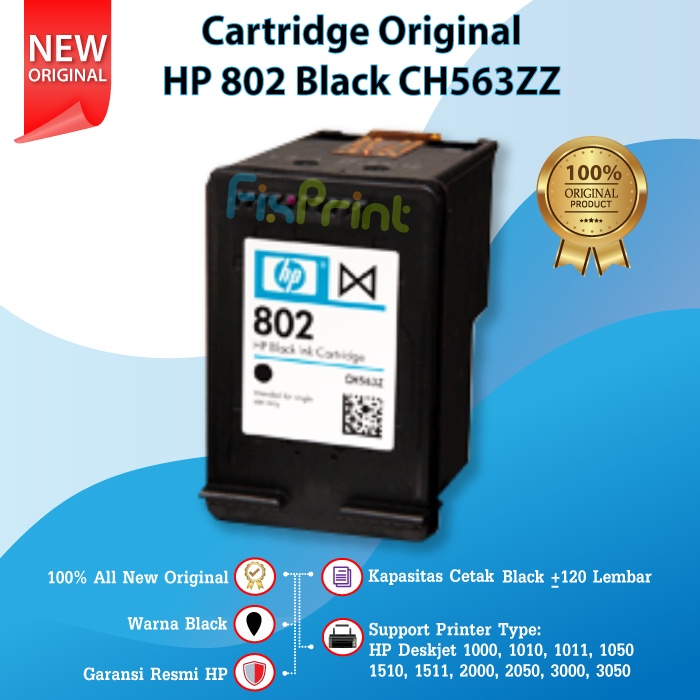 Catridge Tinta HP 802 Black Original Ink Cartridge CH561ZZ Katrid Tinta Printer Hitam J410a J510a