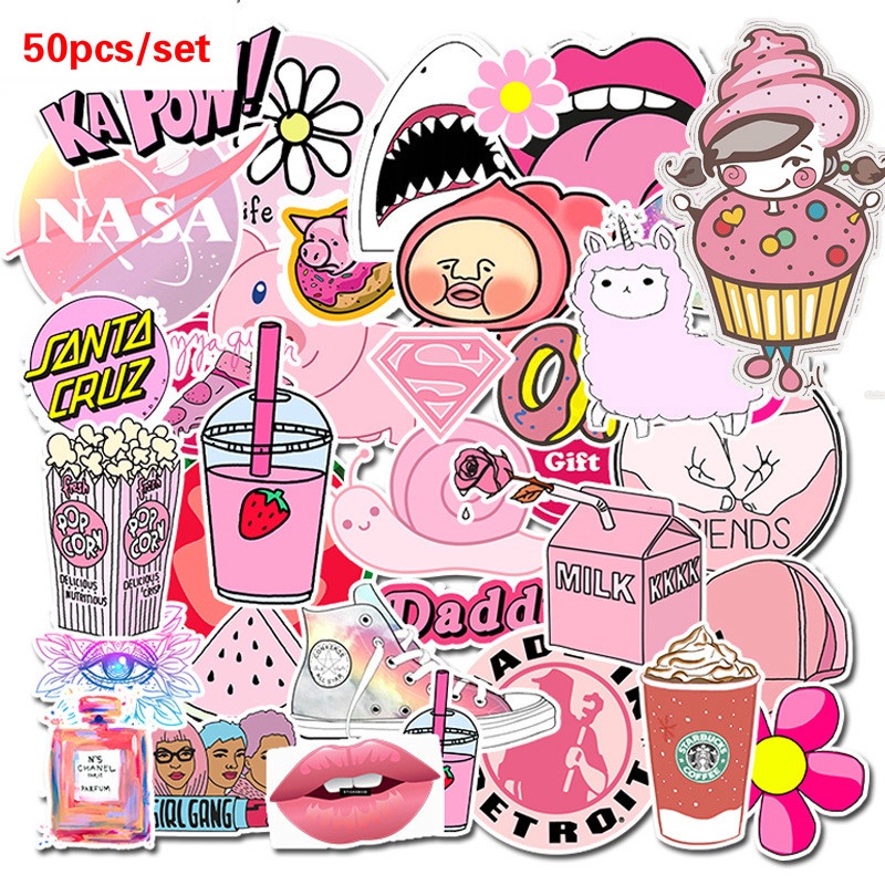 50pcs Kawaii Pink Wanita Perempuan PVC Stiker Perekat Diri Untuk Koper Skateboard Laptop Kulkas