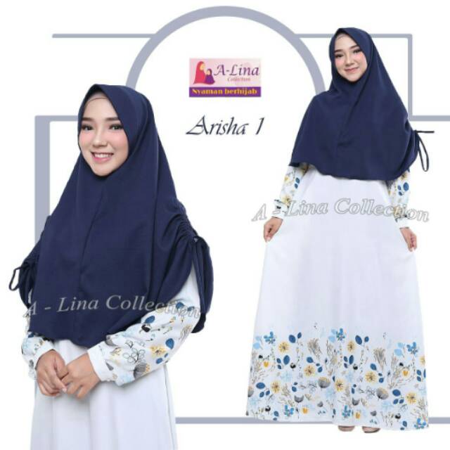 Arisha  Dress 1 Alina Collection - Gamis Muslimah Syari Branded Terbaru Polos Putih Motif Biru Adem
