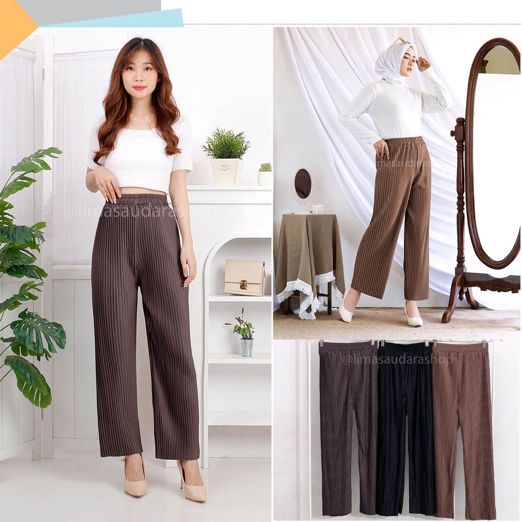 Celana Plisket / Pleated Pants Premium Glossy Nyaman Panjang Muslim