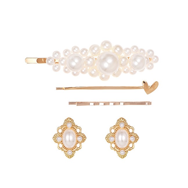 LRC Gold Alloy Pearl Love Geometry Heyi Clip Hairpin Stud Earring Set 5 Piece Set F71361