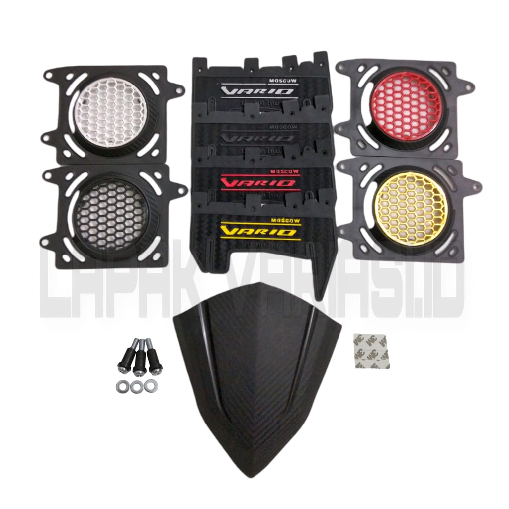 COVER RADIATOR VARIO 125 150 SET BAUT + VISOR WINDSHIELD SET 3M PEREKAT + MUDFLAP KARET KARBON SPAKB