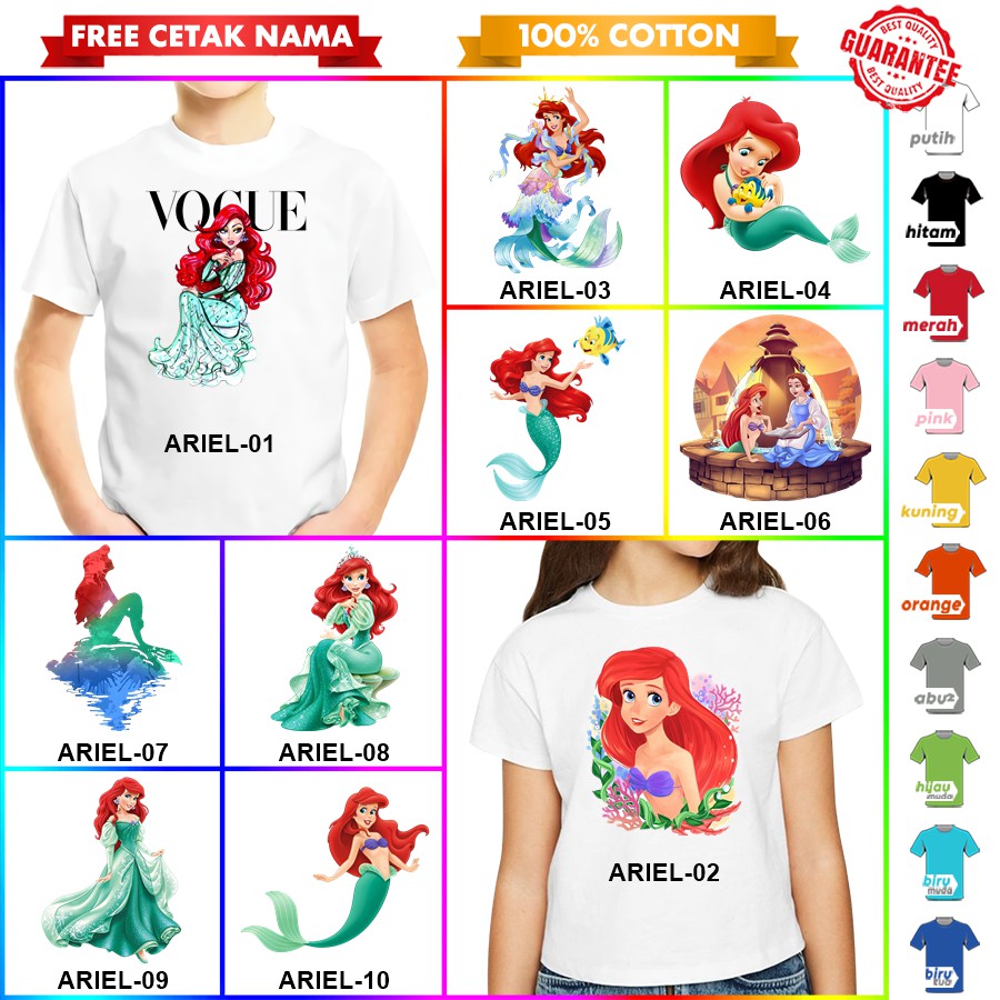 [FREE NAMA!!] Baju Kaos COUPLE  ANAK DAN DEWASA PRINCESS ARIEL BANYAK MOTIF