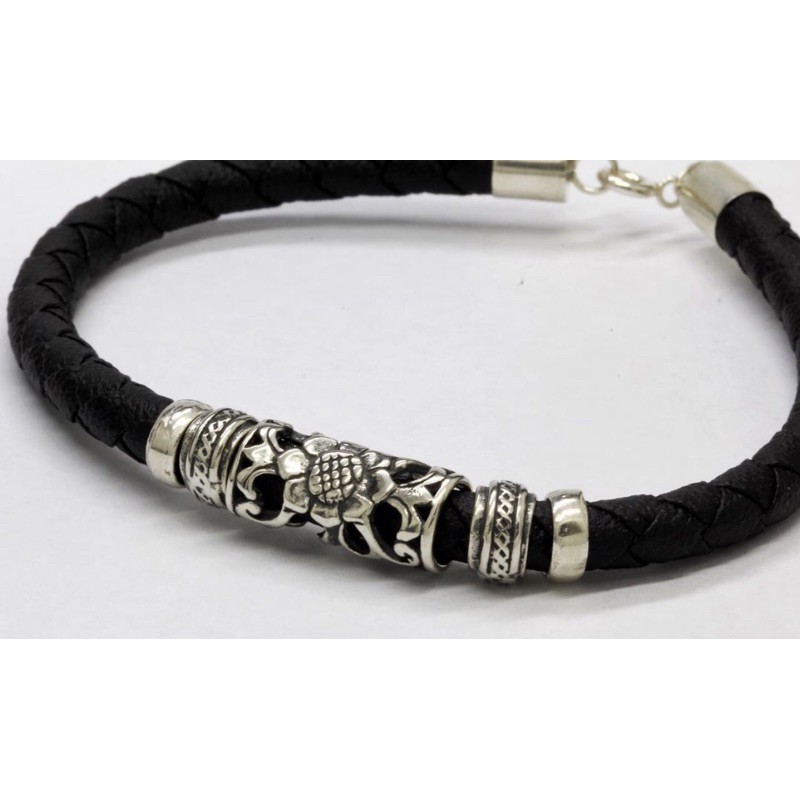 GELANG KULIT PERAK UKIR BALI KULIT SAPI LEATHER