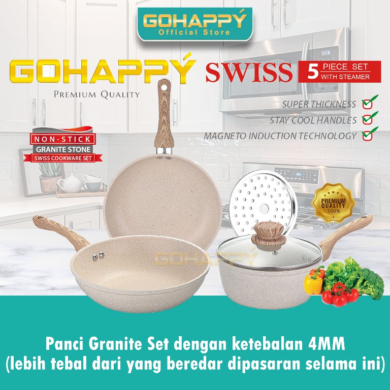 GOHAPPY Panci Swiss granite stone isi 5 piece | Premium cookware set | GHS05