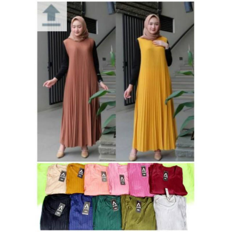 PLISKET LONGDRESS PLISKET GAMIS TANPA LENGAN PLISKET