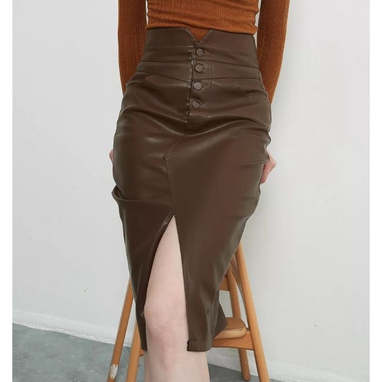 Rok Midi Rok Panjang Kulit Semi Wanita High Waist Rok Pensil Bodycon Elegan Split Depan Musim Gugur 