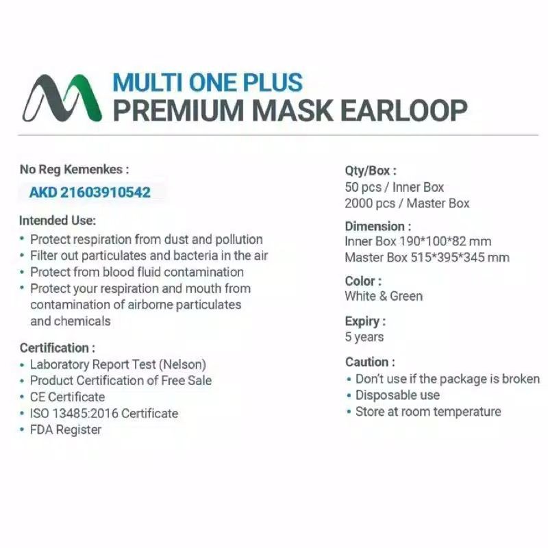 MASKER MULTI ONE PLUS 3PLY HEADLOOP &amp; EARLOOP ISI 50/BOX