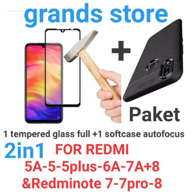 (2in1) Tempered glass 5d full+softcase autofocus redmi 4a/4x/5a/6a/7a/5/5+/8/9/9a/9c/9T/9prime &amp; redminote 7/7pro/8/9/9pro