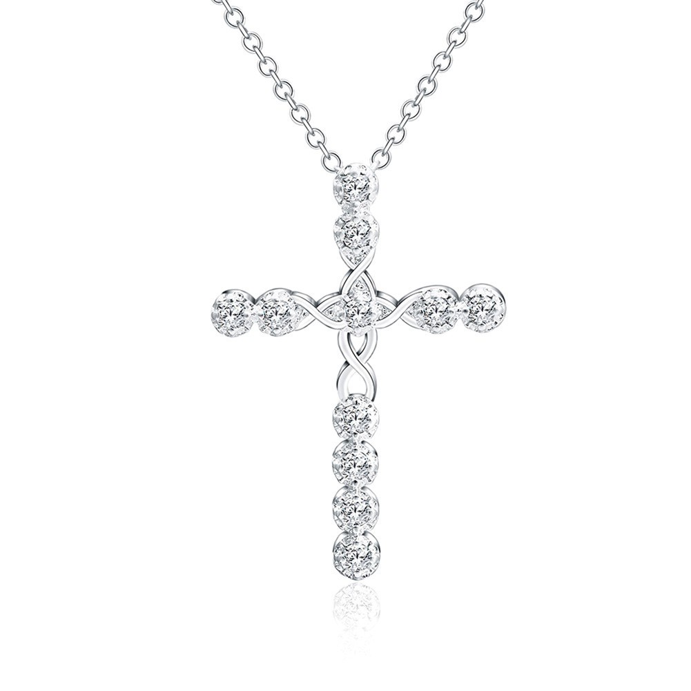 Ladies 925 Sterling Silver Plated Full Diamond Crystal Cross Pendant Necklace