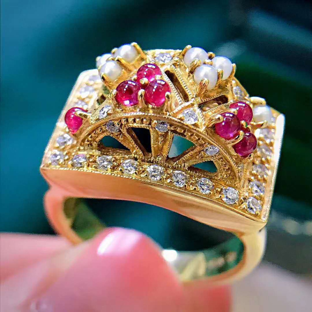 Goldkingdom Perhiasan Fashion 24K Bangkok Aksesoris Ready Stock Cincin Zirkon Hias Berlian Ganda Berlebihan Garnet Mutiara Berlapis 18-karat Cincin Emas Asli Kadar 375 Untuk Wanita