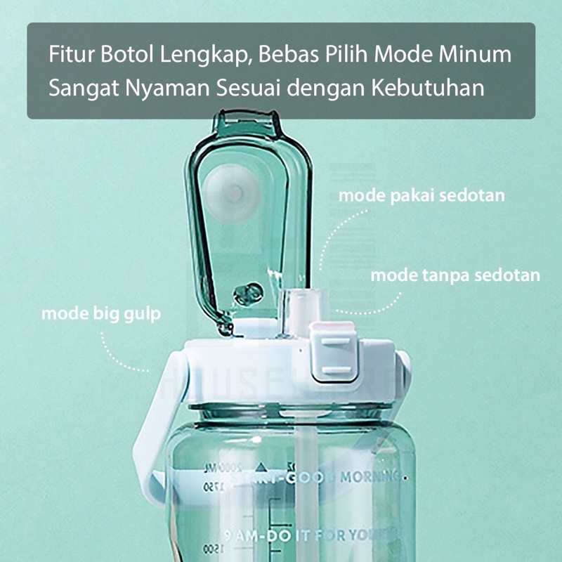 Botol Minum Motivasi 2 Liter Bening BPA FREE Gratis Stiker