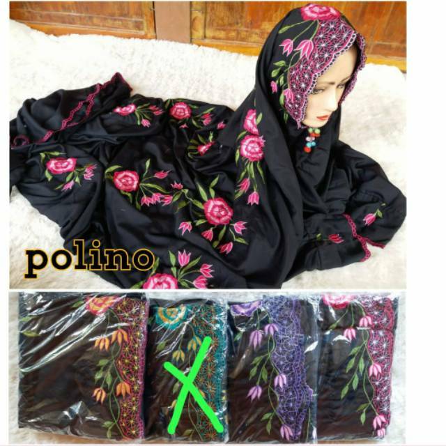Mukena bordir lajuran/terusan bahan polino hitam