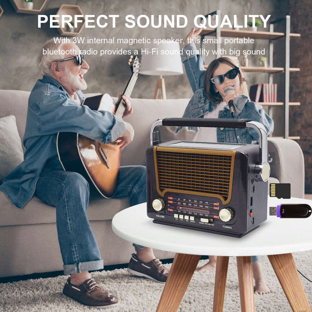 Radio fm bluetooth/AM/SW Radio jadul Player Radio Portabel Retro Solar Pengisian denganSenter Kartu Radio Speaker Bluetooth 527BTS