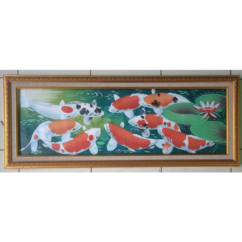 lukisan ikan koi + bingkai pigura ukuran 90cm x 30cm