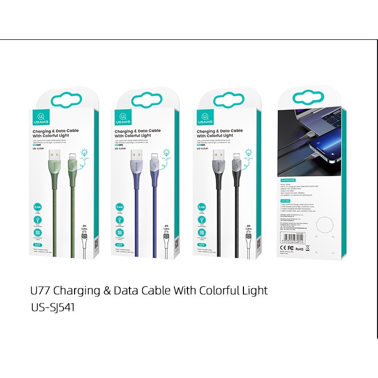 Kabel Data Lightning Iphone Usams U77 SJ541 LED Fast Charging 1.2M