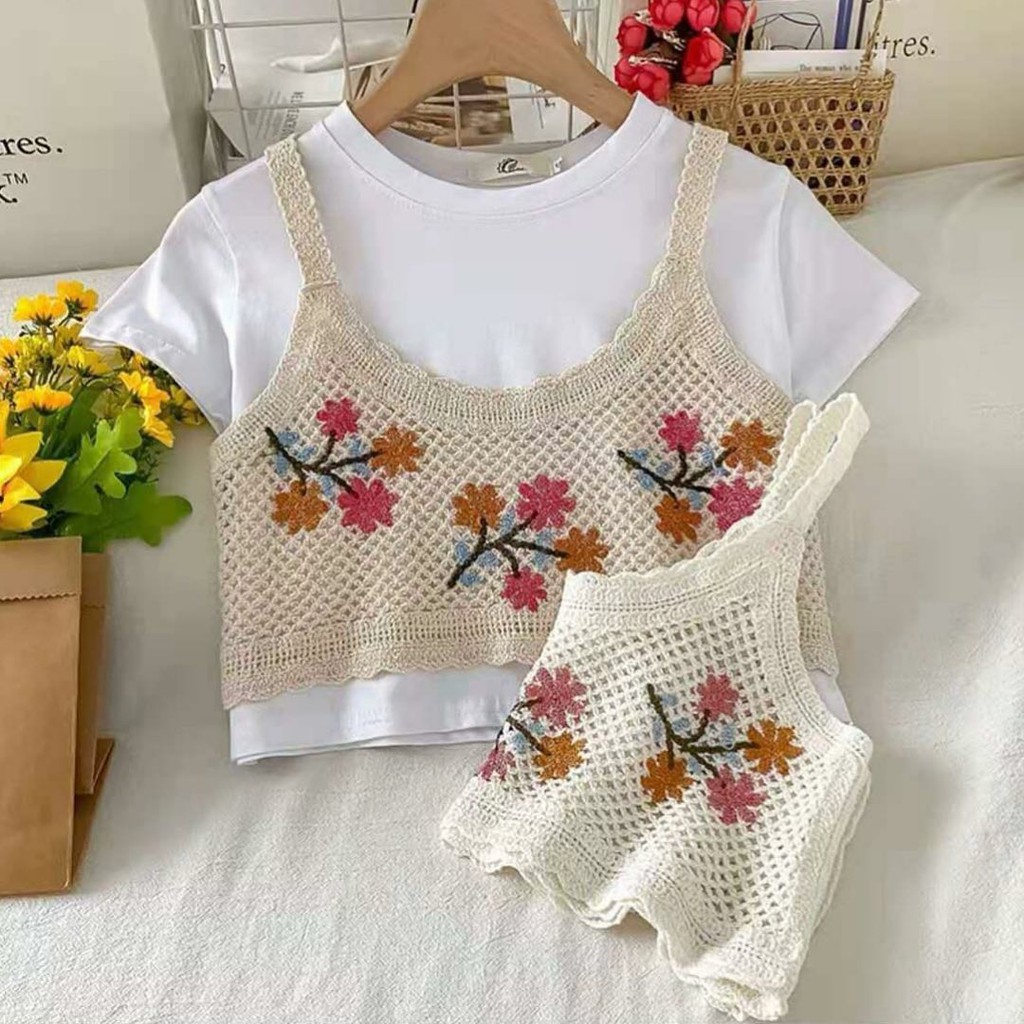 Flower Embroidery Outer Vest - Rompi Rajut Korea Bordir Tanktop Halal