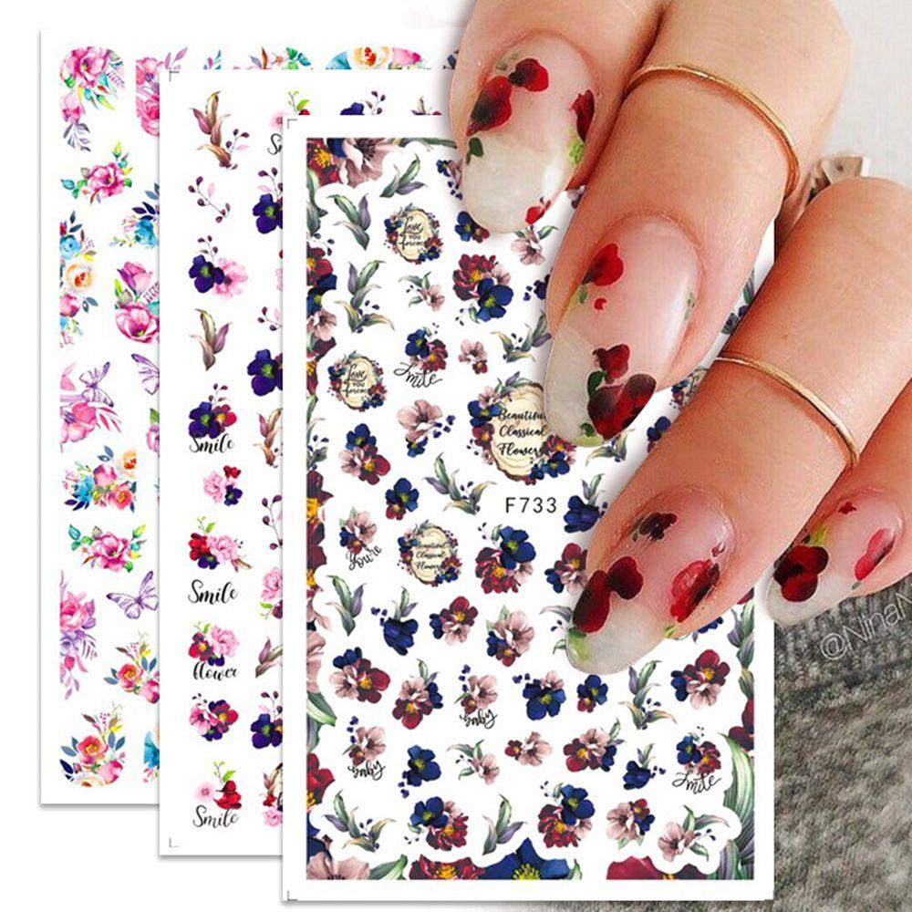 AUGUSTINA Agustin 3D Stiker Kuku Perekat Diri Musim Semi Daun Nail Art Dekorasi Bunga Mawar DIY Manicure Accesorios