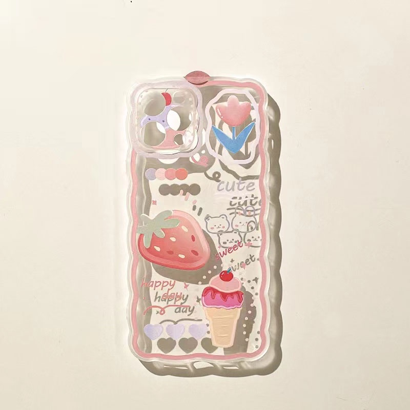 Soft Case Tpu Transparan Motif Es Krim Strawberry Untuk iPhone 13 13pro 13prm 11 7Plus 8Plus Xr XS 13 12pro Max