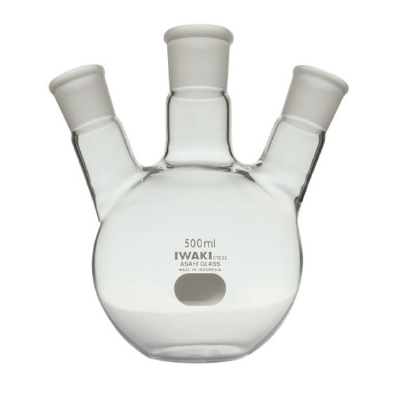 BOILING FLASK 300ml. Flat Bottom. 3NECK. Labu Didih. IWAKI PYREX