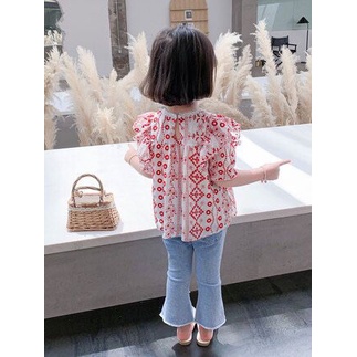 (LOLI-JKT) BS-236 SET ANAK CEWEK CLASSICAL LACE EMBROIDERED TOP + SPLIT DENIM SIZE 100-140