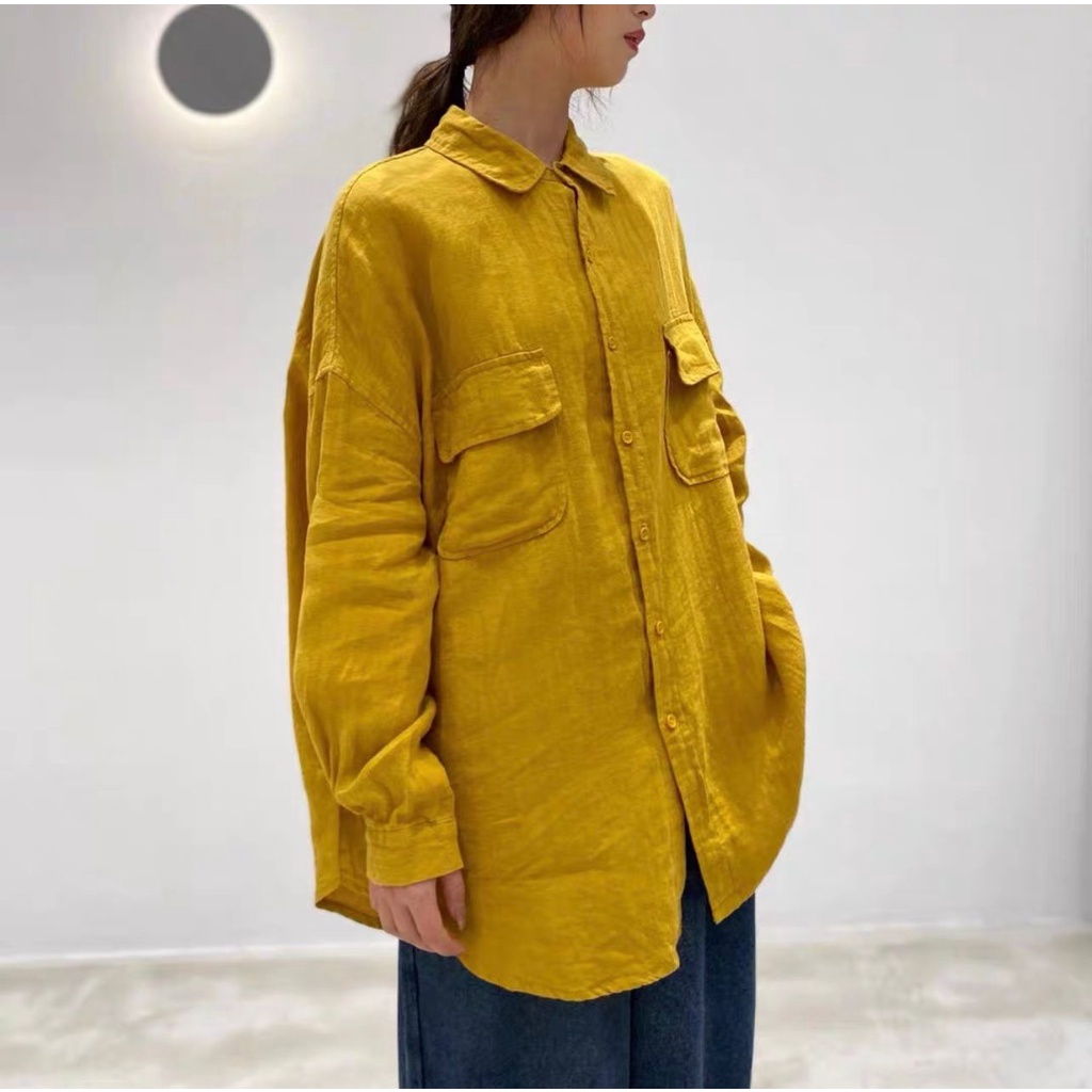 Kemeja Linen Oversize Wanita Pocket / Atasan Cewek Korea Terbaru  92