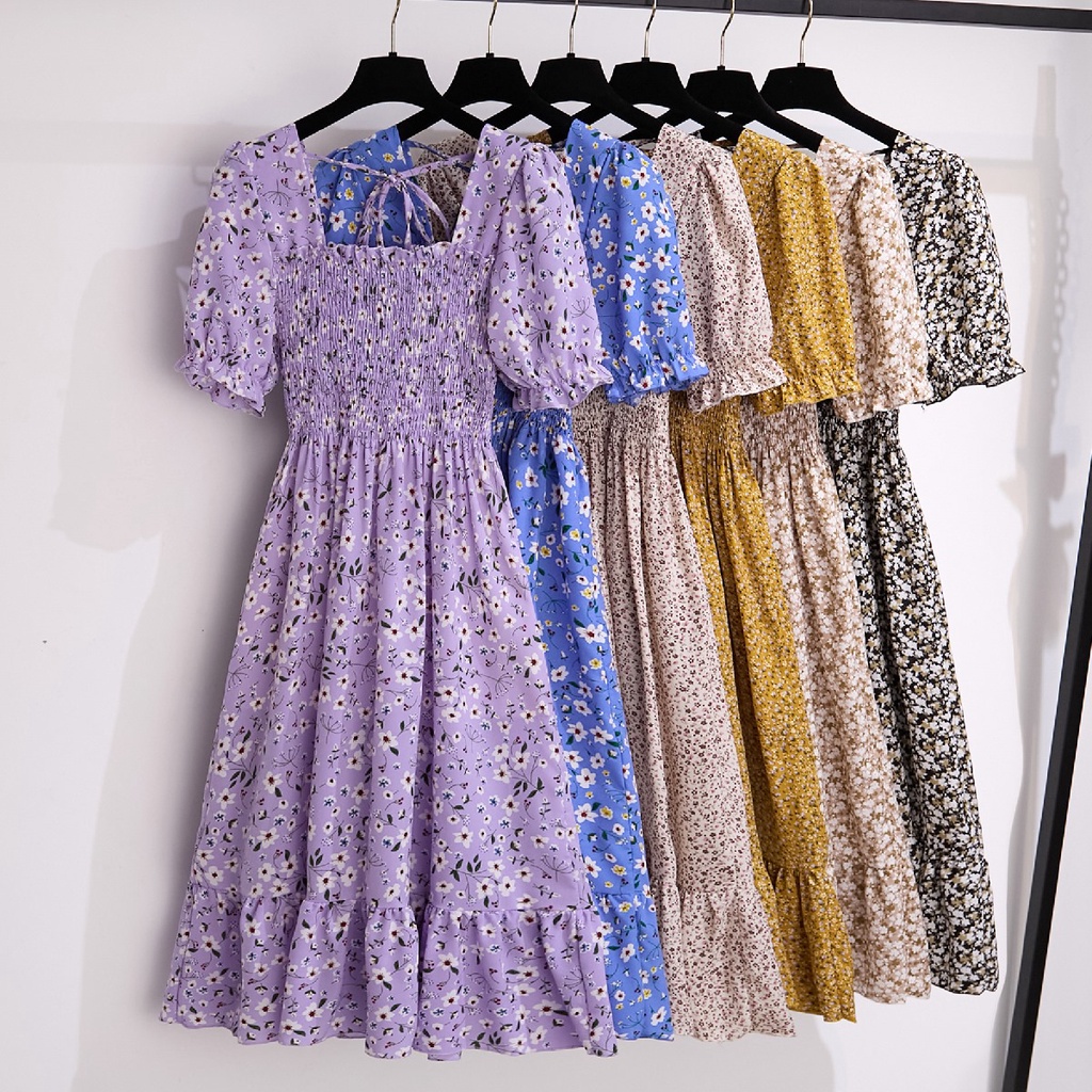 Kualitas Tinggi New Hitam Kuning Merah Muda Hijau Merah Biru Ungu Floral Midi Dress Korea Style Pantai Baju Dress Wanita Baju Pesta Lengan Pendek Gaun 2023 Dada Lipit Musim Panas Dress Bali