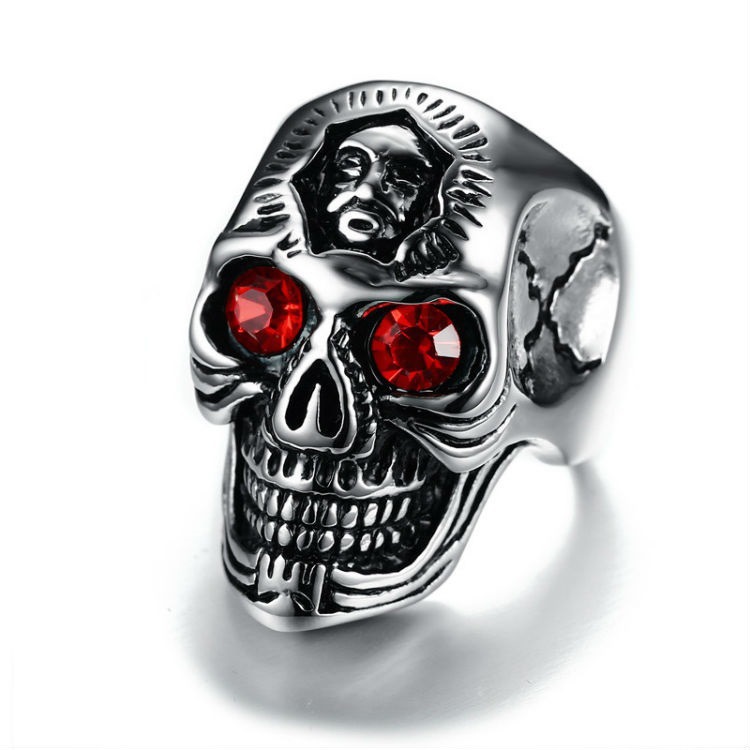 Hot sale personality fashion retro punk style red eye diamond skull ring