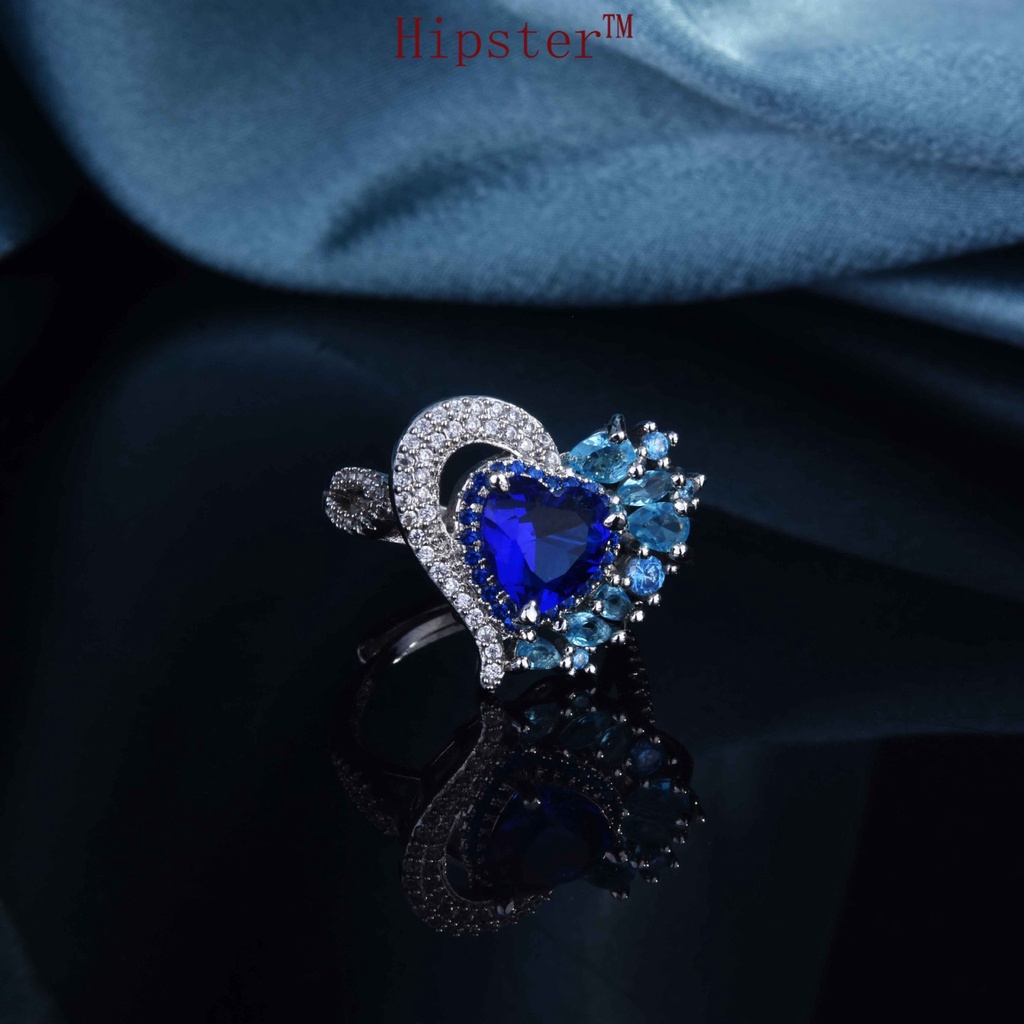 High-End Temperament Natural Dark Blue Gemstone Love Heart-Shaped Full Diamond Ring