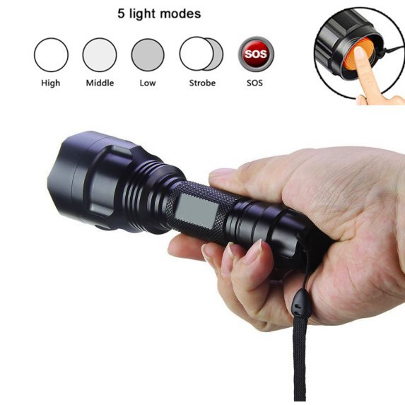 TaffLED Paket Senter LED Flashlight Cree Q5 4000 Lumens + 1xBattery + Charger + Box C8 Hitam Grab