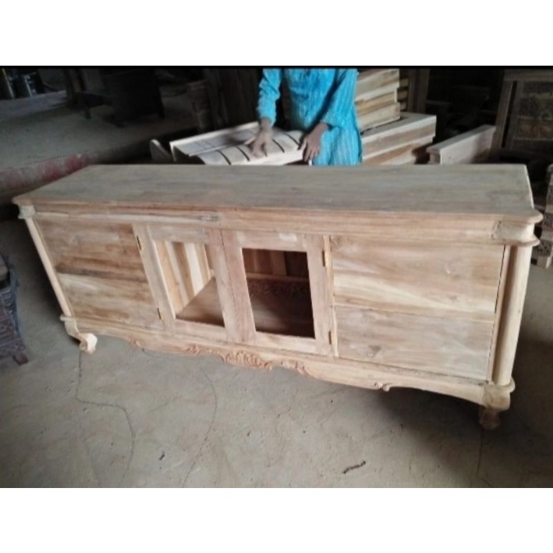 Meja TV Panjang 2 Meter - Bufet Sekat Ruangan Jati Mentahan - Lemari Pendek Hias Minimalis