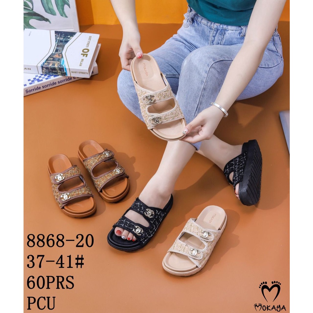 Sandal Wedges Birken Jelly Wanita Korea Ban 2 Motif Rajut Knit Gesper CC Mewah Elegant Best Seller Kekinian Import Mokaya / Size 37-41 (8868-20/8868)