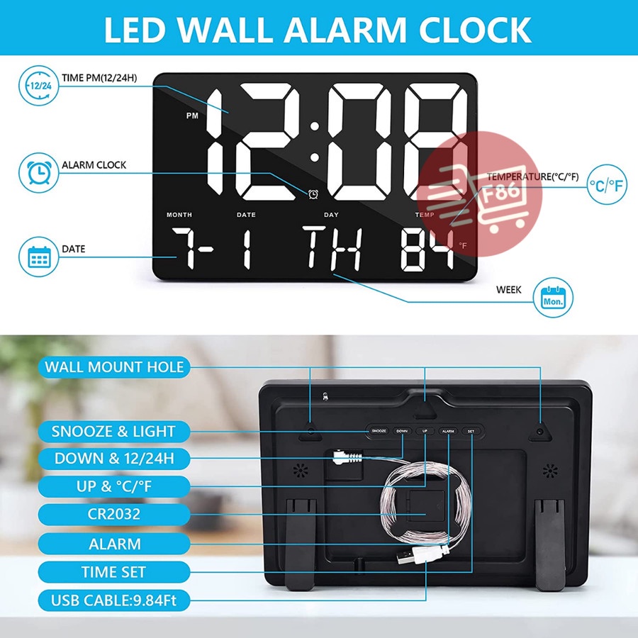 F86 Jam Dinding Digital LED Clock Hitam / Putih 11,4 inci LED GH0717L