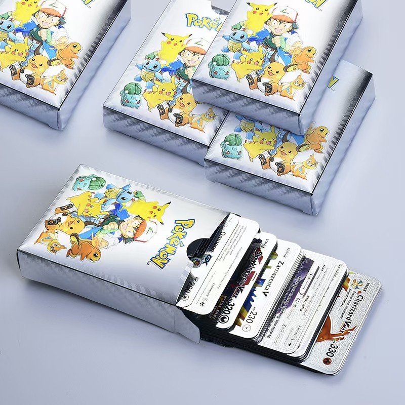 54pcs / 27Pcs Kartu Pokemon Versi Bahasa Inggris Bahan Metal Warna Emas / Silver Untuk Koleksi