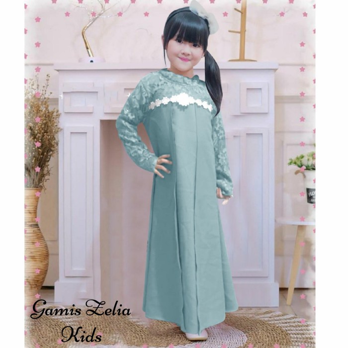 Gamis Anak/ Gamis Zelia Kids/ Gamis Couple/Gamis Kembaran - Hijau Wardah, 3-4 tahun