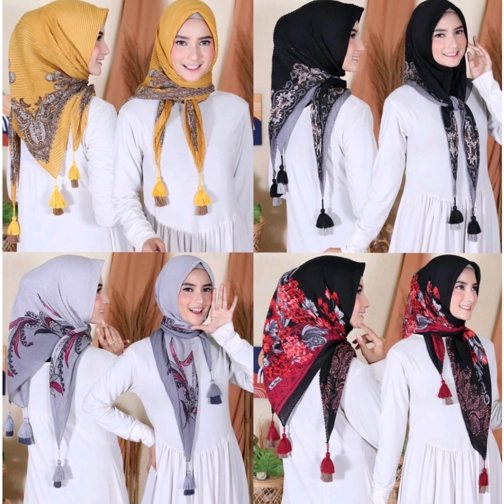 Jilbab Plisket Segi 4 Motif / Segi 4 Pompom / Segi 4 Import