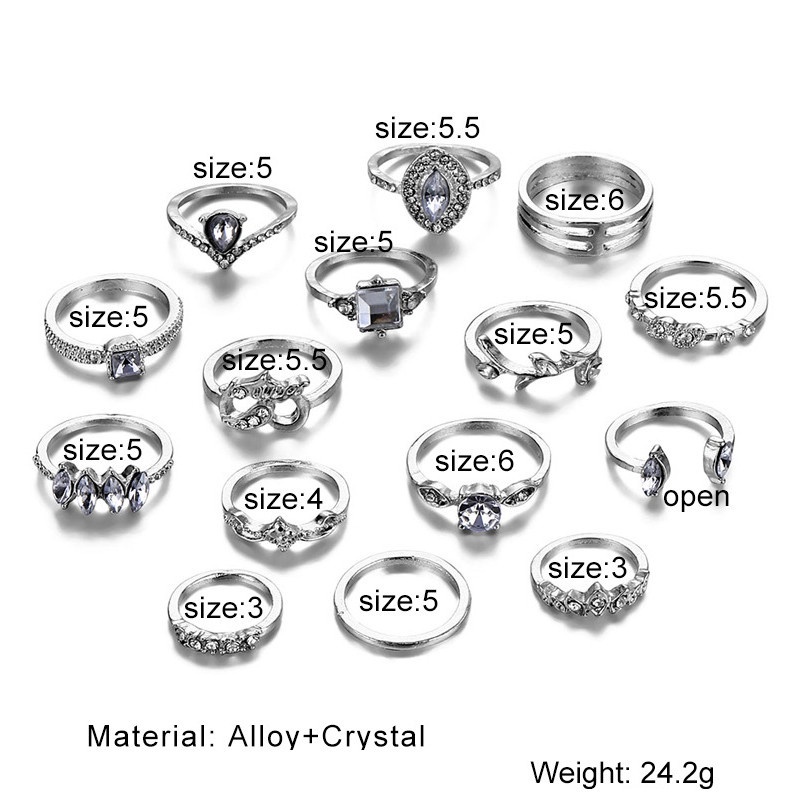 15pcs / Set Cincin Berlian Bentuk Hati Tetesan Air Model Rongga Untuk Aksesoris Perhiasan Wanita