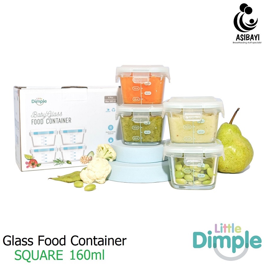 Little Dimple Glass Food Container Square 160ml Wadah Makanan Bayi