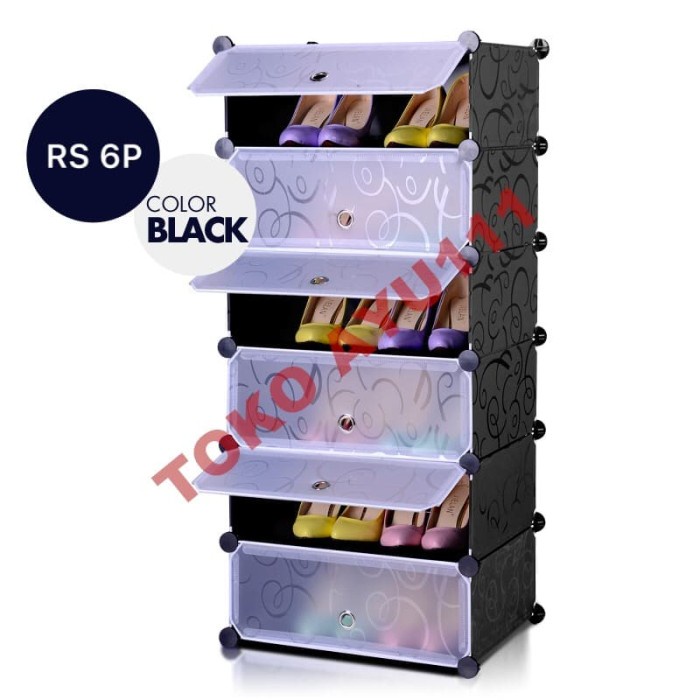 Rak sepatu plastik rak buku rak tas 6 pintu/susun/kotak - Hitam