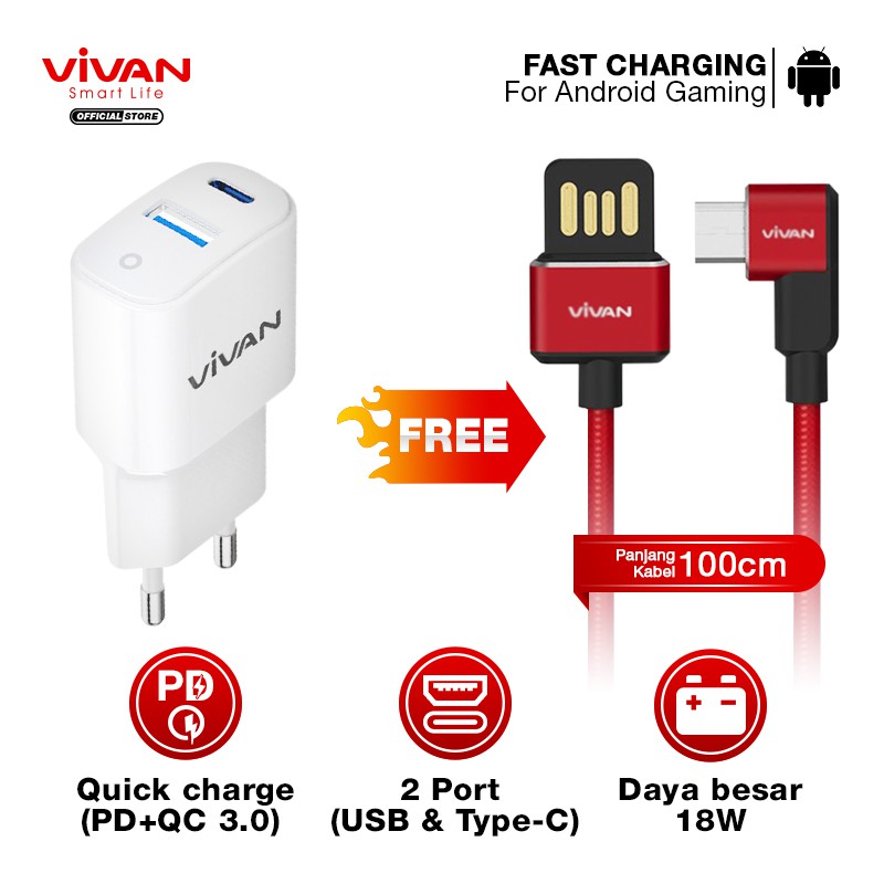 Charger Fast Charging VIVAN 2 Port USB QC3.0 &amp; Type-C (PD) 3A 18W Free Kabel USB Micro/iPhone/Type C